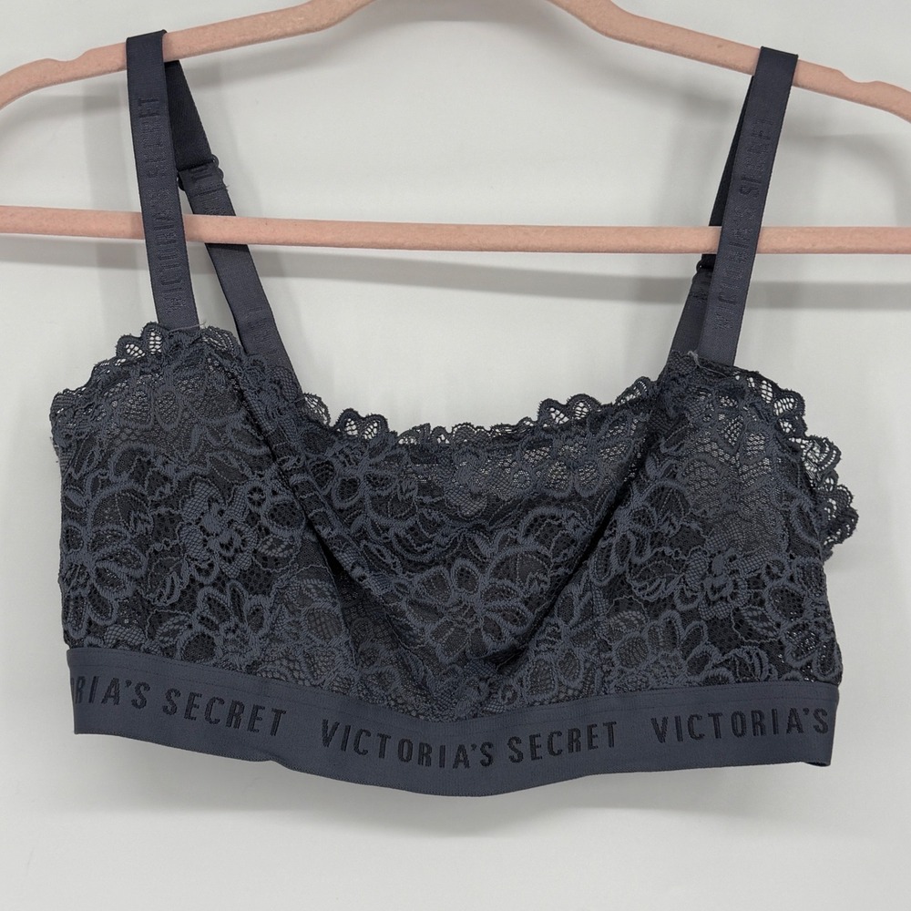 Victorias Secret Logo Band Lace Bralette Dark Grey Floral‎ Scalloped Large L/G